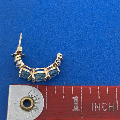 Designer 10K Yellow Gold Oval Blue Topaz Diamond Accented Half Hoop Earrings