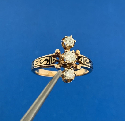 Art Deco Heirloom 14K Yellow Gold Diamond Trio Black Enamel Cocktail Ring