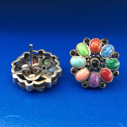 Vintage Sterling Silver 925 Multi Gem Floral Pinwheel Statement Stud Earrings