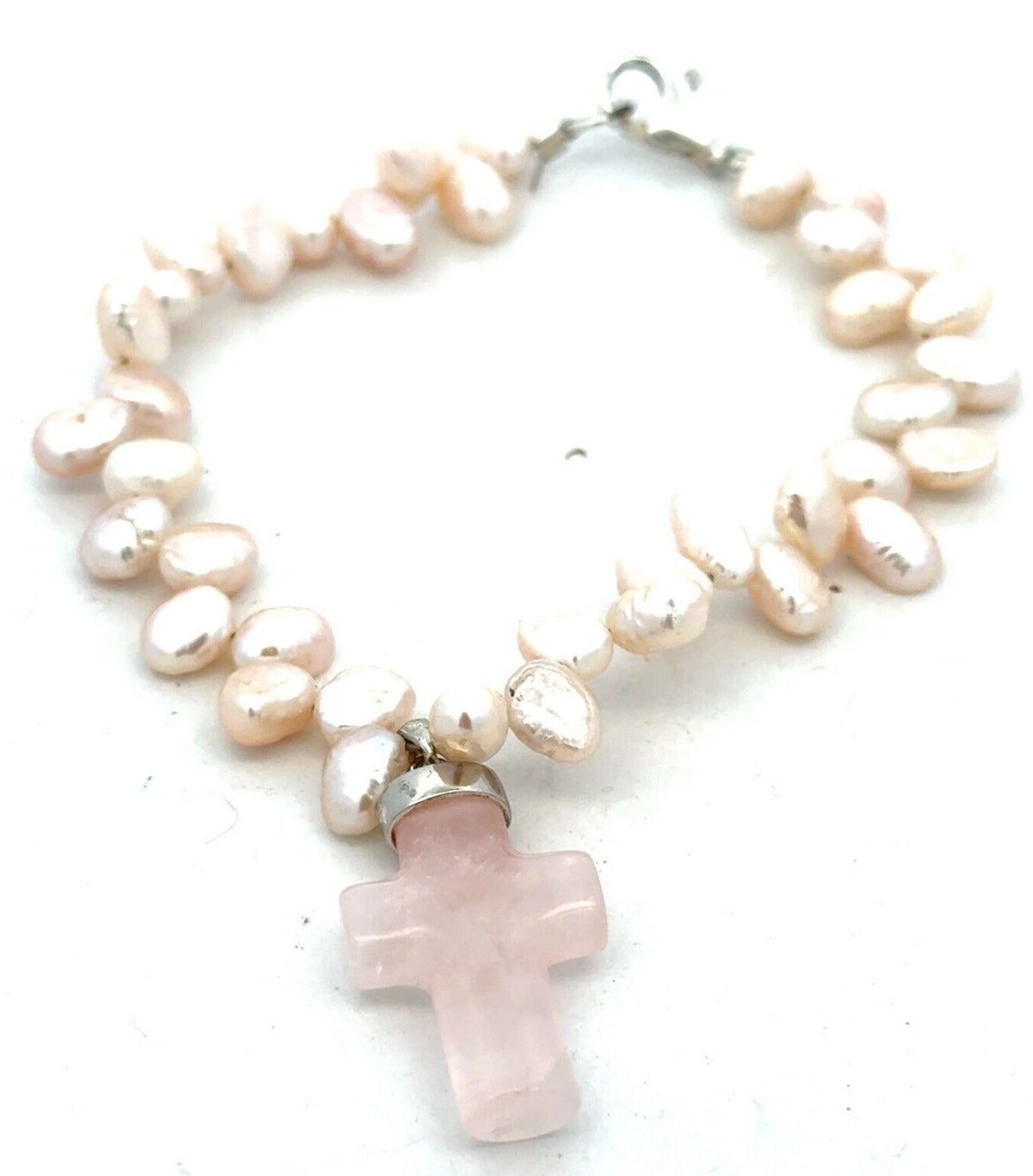 Estate 925 Sterling Silver Pink Rose Quartz Cross Charm Pearl Beaded Bracelet