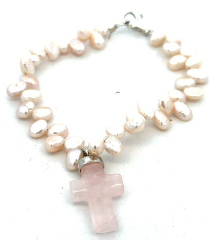 Estate 925 Sterling Silver Pink Rose Quartz Cross Charm Pearl Beaded Bracelet
