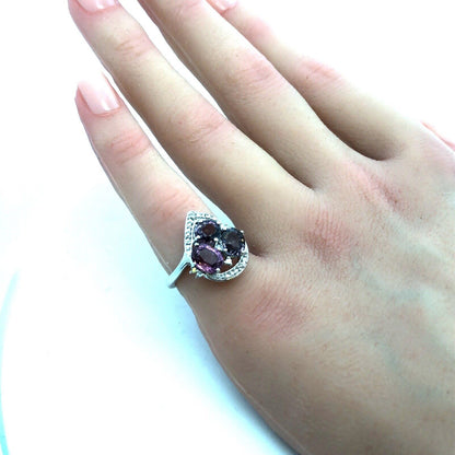 Designer TGGC 925 Sterling Silver Oval Purple Topaz Diamond Cluster Ring