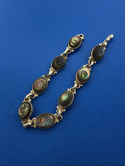Vintage Taxco Mexico 925 Sterling Silver Abalone Oval Panel Link Bracelet