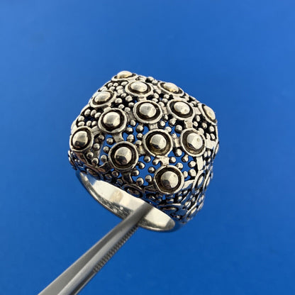 Sterling Silver 925 Beaded Filigree Gothic Design Statement Dome Cocktail Ring