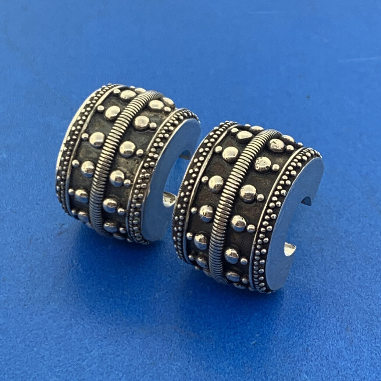 Vintage Sterling Silver 925 Cable Beaded 3D Wide Half Hoop Statement Earrings