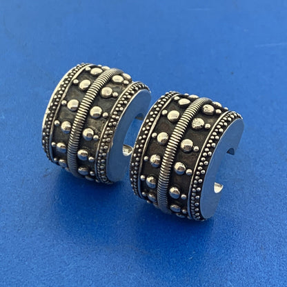 Vintage Sterling Silver 925 Cable Beaded 3D Wide Half Hoop Statement Earrings