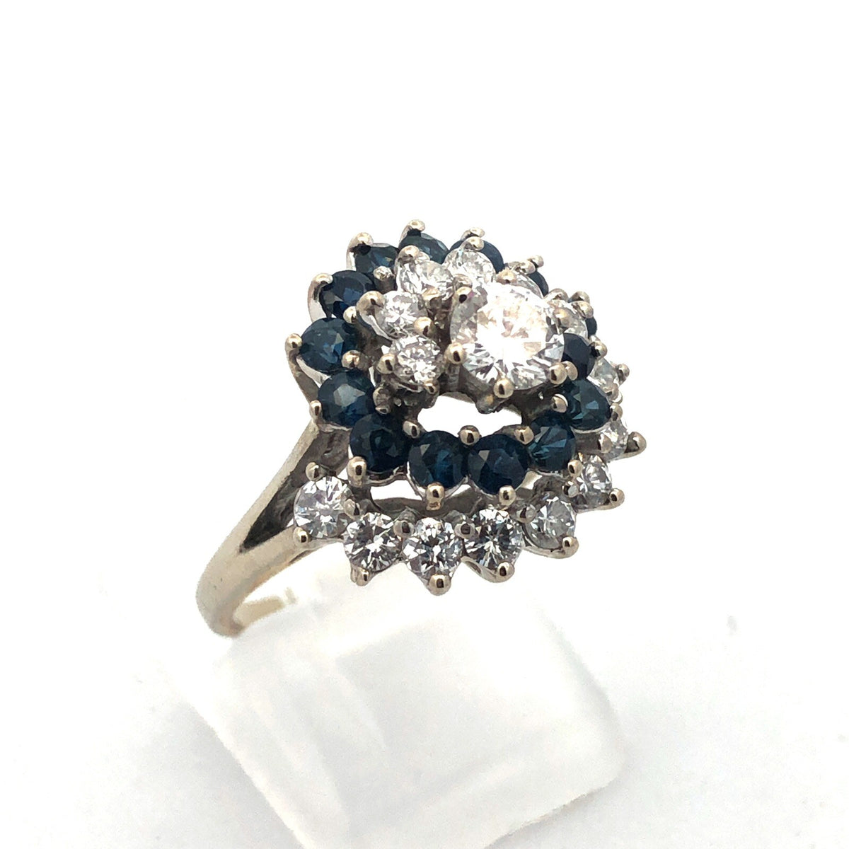 Designer 14K White Gold Diamond Solitaire W/Sapphire Diamond Accents Spiral Ring