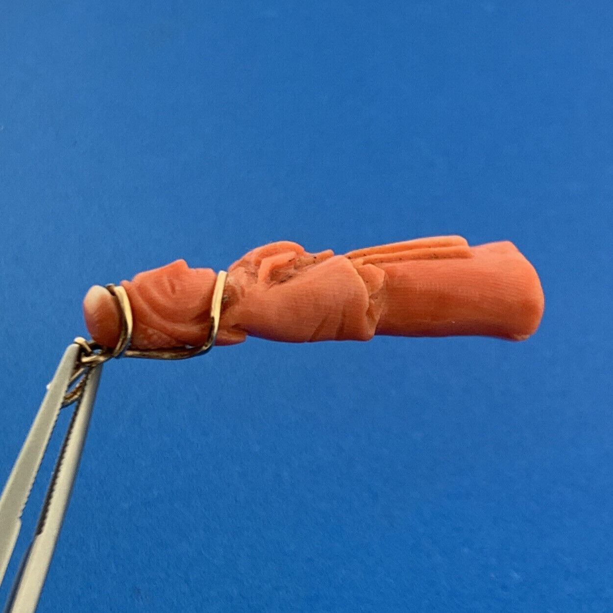 Gorgeous 10k Yellow Gold Carved Coral Chinese Eastern Wise Man Dangle Pendant