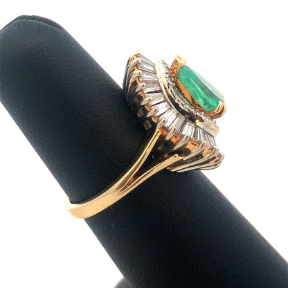 Vintage 14K Yellow Gold Pear Emerald Double Diamond Halo Statement Cocktail Ring