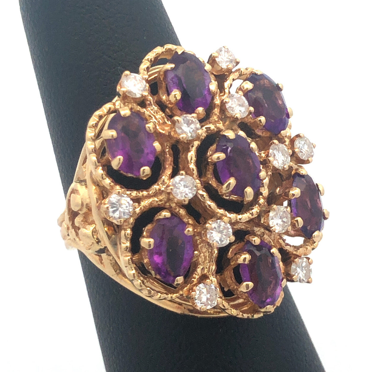 Vintage 14K Yellow Gold Amethyst Diamond Statement Anniversary Cocktail Ring