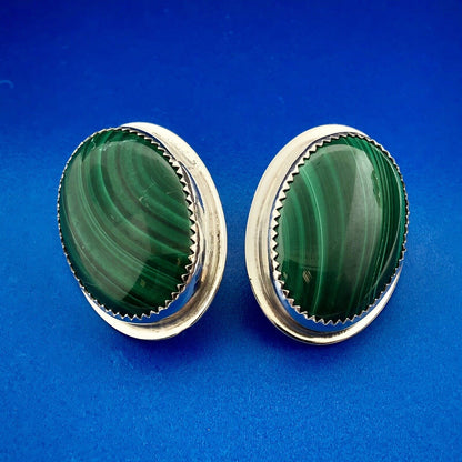 Native American Artisan Sterling Silver Oval Malachite Statement Stud Earrings