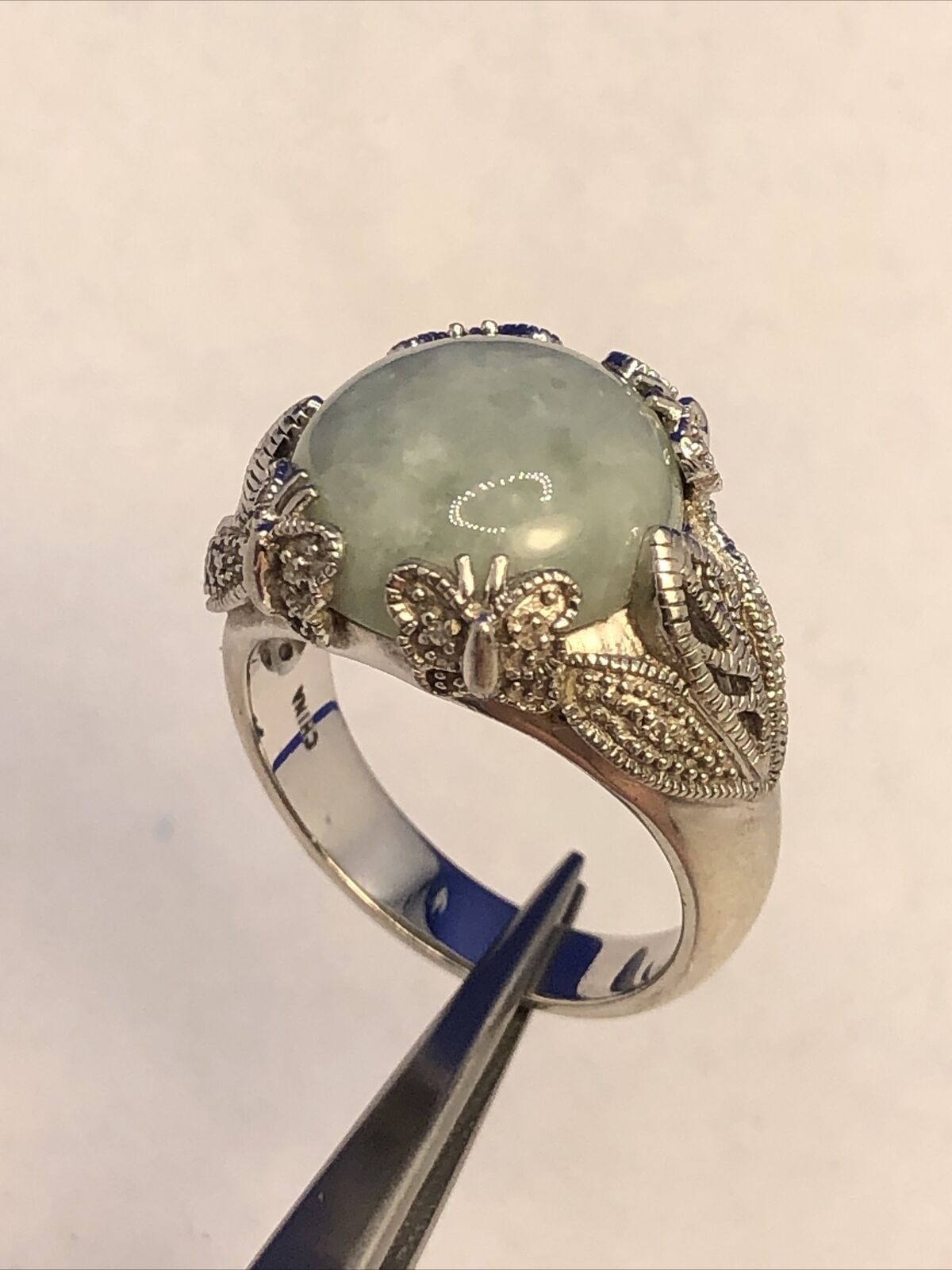 Designer EA 925 Sterling Silver Round Jade Diamond Accents Butterfly Detail Ring