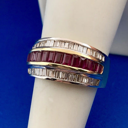 Vintage SRT 14K Yellow White Gold Diamond Ruby Channel Set Tapered Band Ring