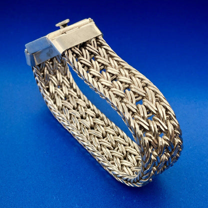 925 Sterling Silver Basket Weave Heavy Statement Buckle Bracelet