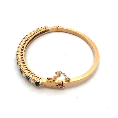 Stunning 14K Yellow Gold Diamond Sapphire September Hinged Bangle Bracelet