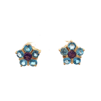 Estate 14K Yellow Gold Blue Topaz Amethyst Flower Statement Stud Earrings