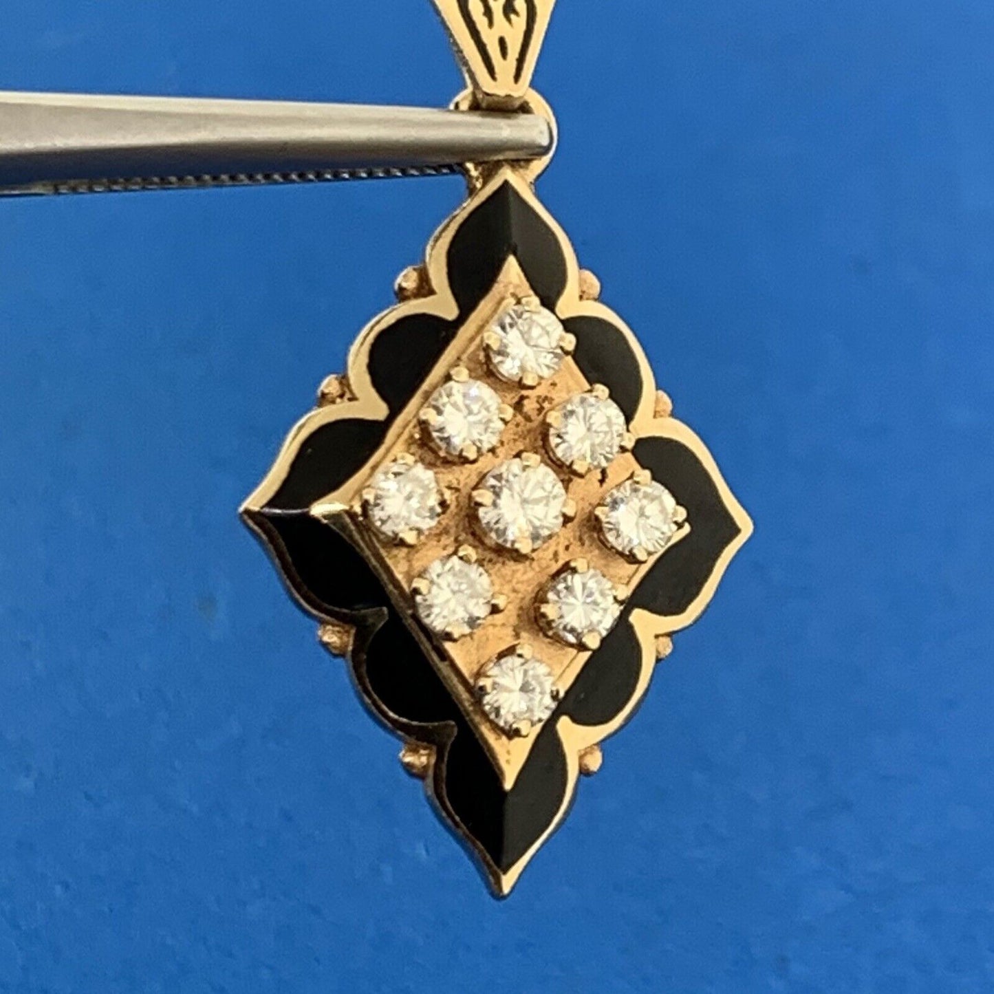 Vintage 14K Yellow Gold Diamond Cluster Black Enamel Dangle Drop Pendant