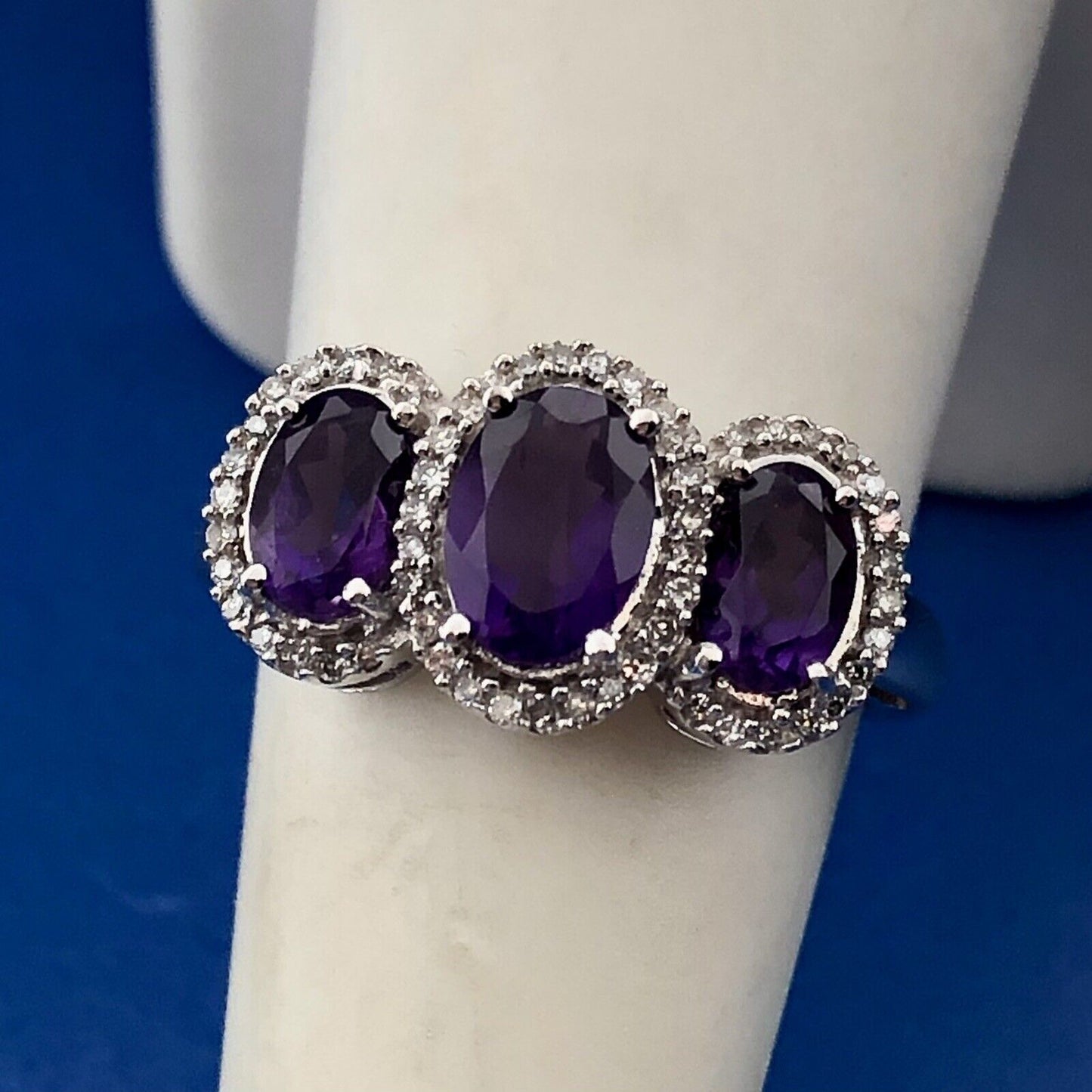 Stunning 10K White Gold Amethyst Trio Diamond Halo February Anniversary Ring
