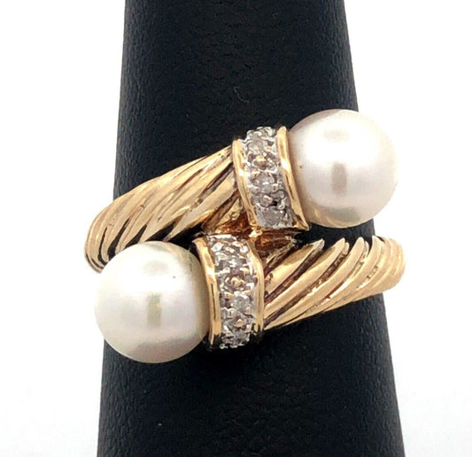 Designer H 14K Yellow Gold Round Pearl Diamond Twist Textured Bypass Ring