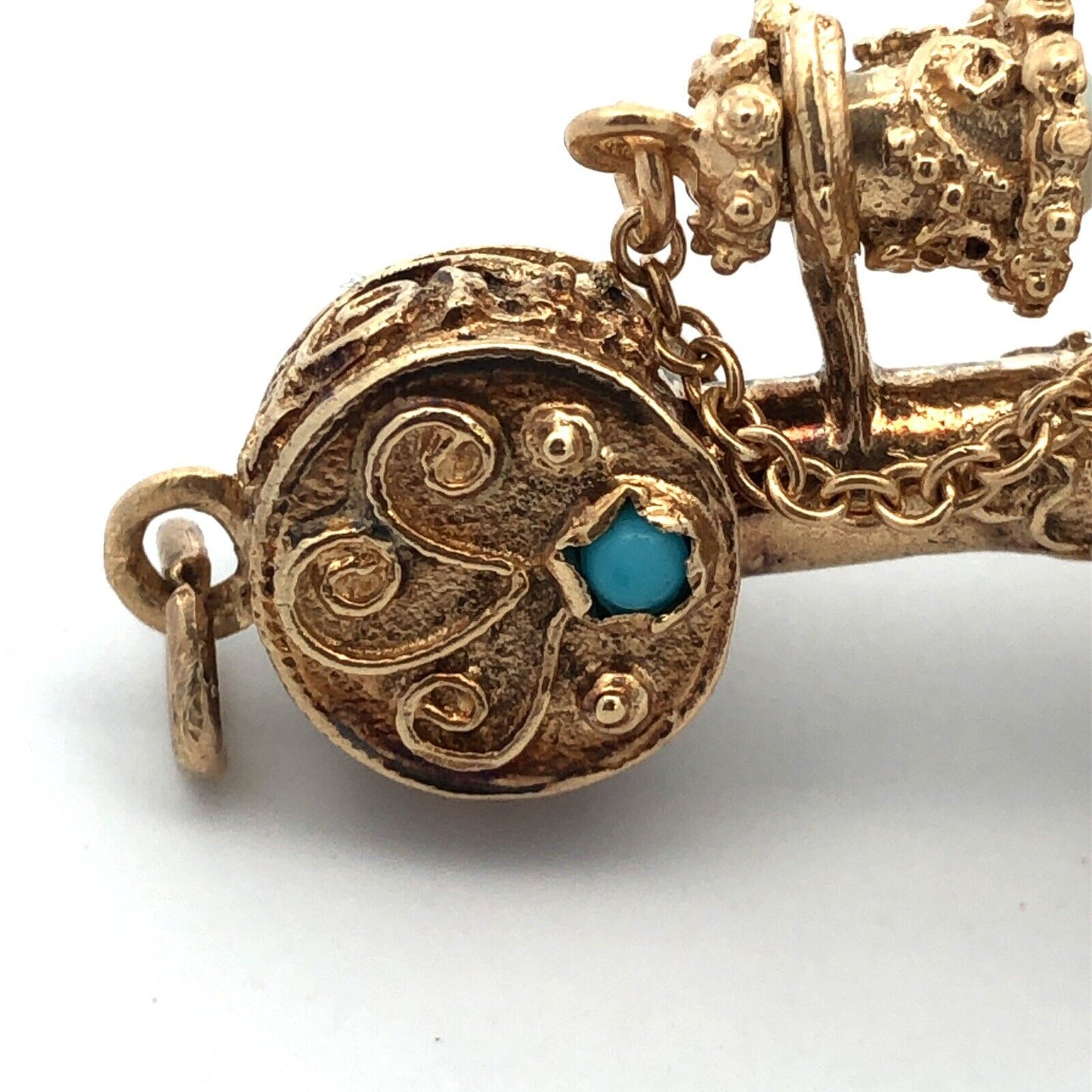 Art Nouveau 14K Yellow Gold Garnet Pearl Turquoise Coral Telephone Pendant