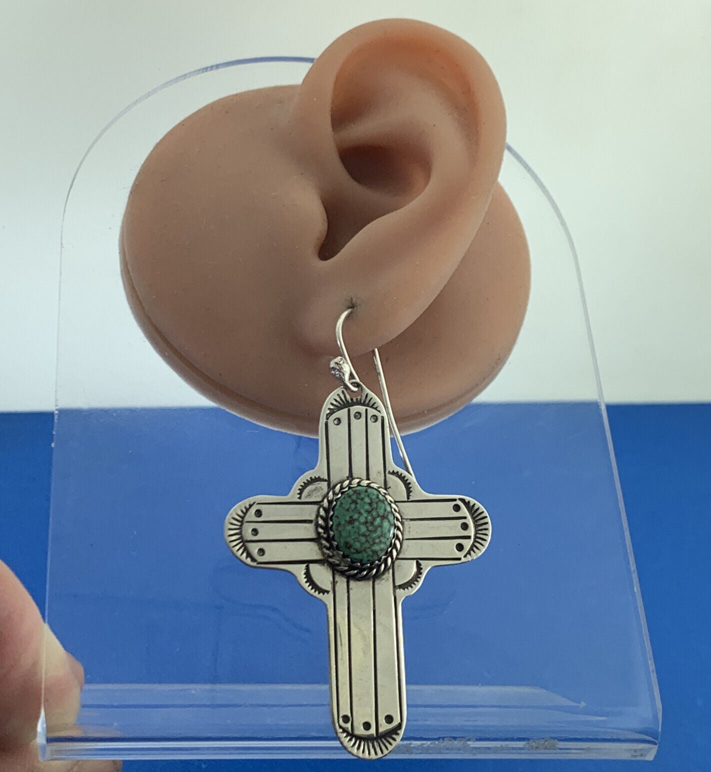 Native American 925 Sterling Silver Concho Green Turquoise Cross Hook Earrings