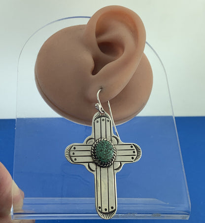 Native American 925 Sterling Silver Concho Green Turquoise Cross Hook Earrings