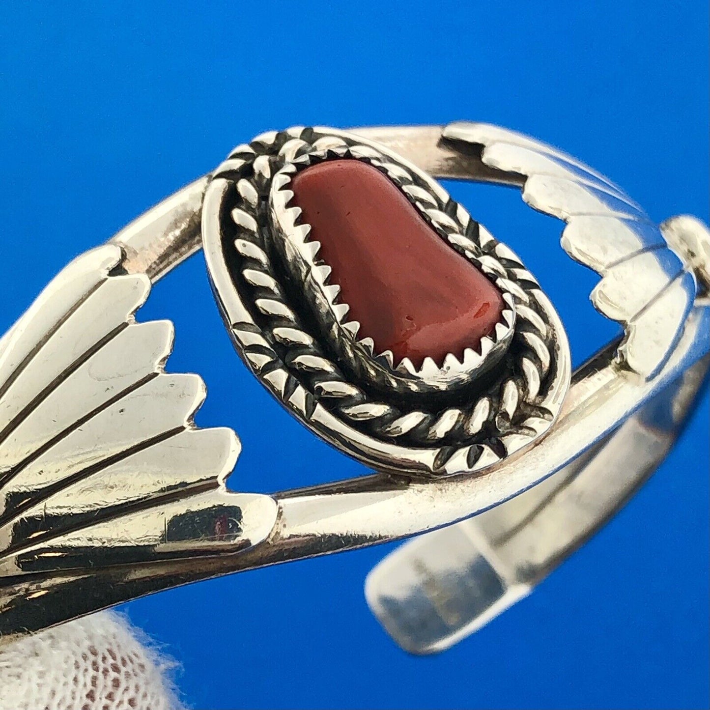 Designer BAH Sterling Silver 925 Cabochon Coral Native American 6" Cuff Bracelet