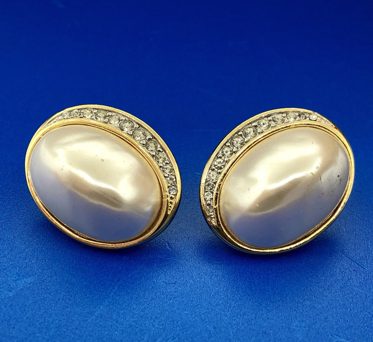 Vintage Richelieu Gold Tone Mabe Pearl Rhinestone Statement Stud Earrings