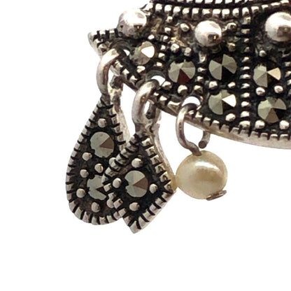 Designer A 925 Sterling Silver Marcasite Pearl Man In Moon Dangle Stud Earrings