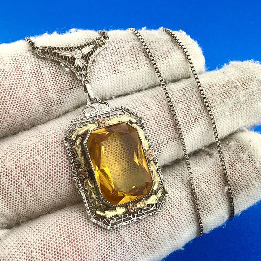 Italy 925 Sterling Silver 14K Yellow Gold Lemon Quartz Filigree Floral Necklace