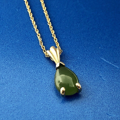 Vintage Designer BA Ballou 14K Yellow Gold Jade Jadeite Drop Pendant Necklace