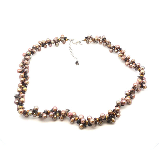 Designer 925 sterling Silver Bronze Pearl Smoky Topaz Cluster Statement Necklace