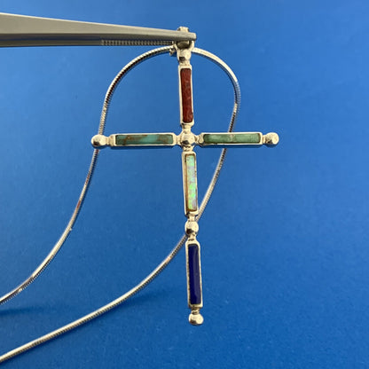 Lovely Sterling Silver 925 Multi-Stone Religious Faith Cross 20" Chain Necklace