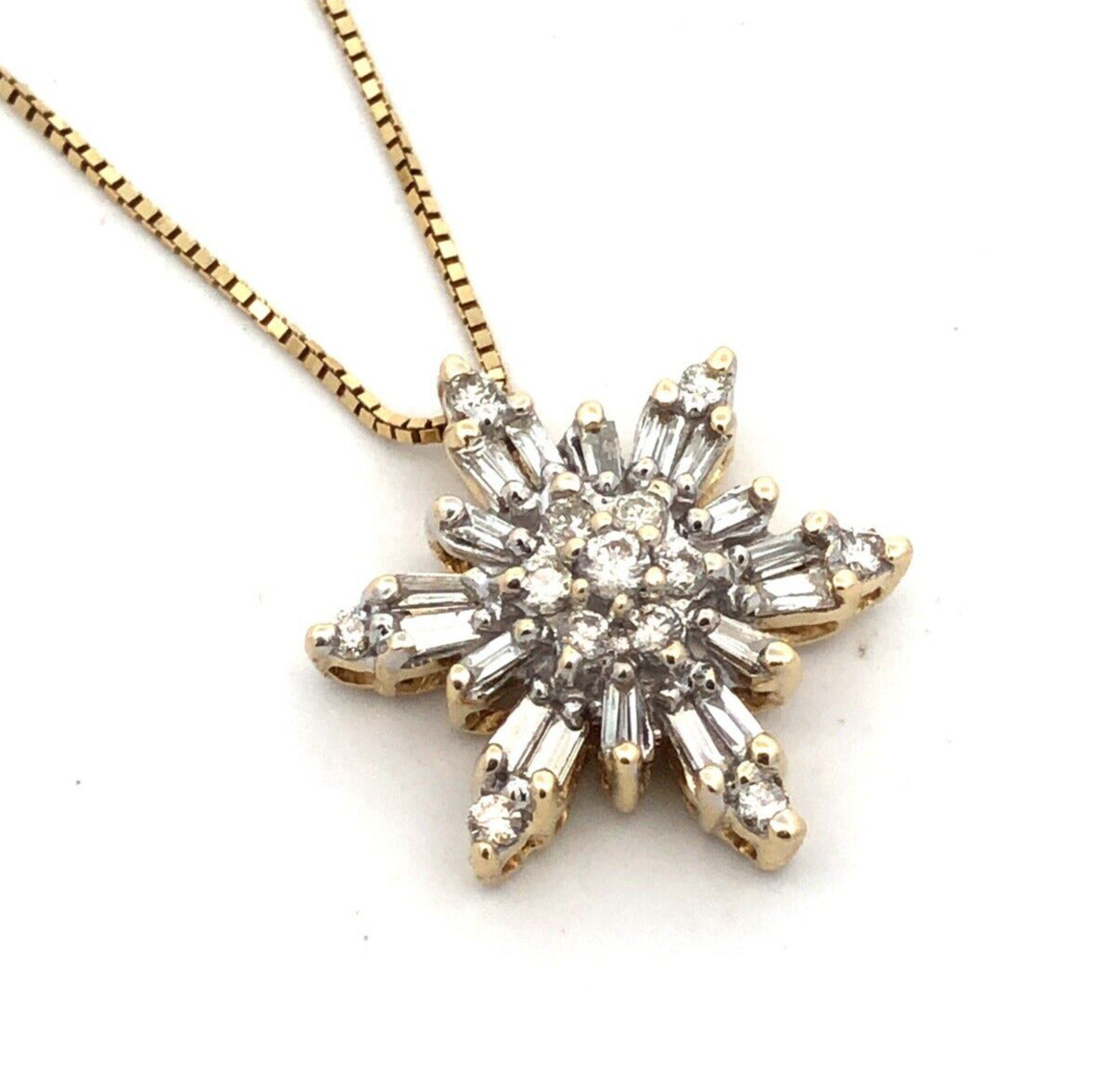 Designer AOL 14K Yellow Gold Baguette Diamond Cluster Snowflake Pendant Necklace