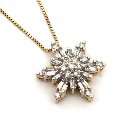 Designer AOL 14K Yellow Gold Baguette Diamond Cluster Snowflake Pendant Necklace