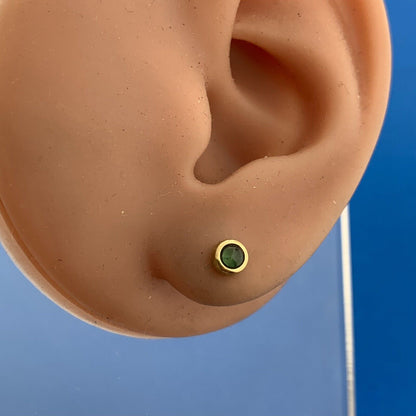 Vintage 18K Yellow Gold Green Glass Cabochon Petite Starter Stud Earrings