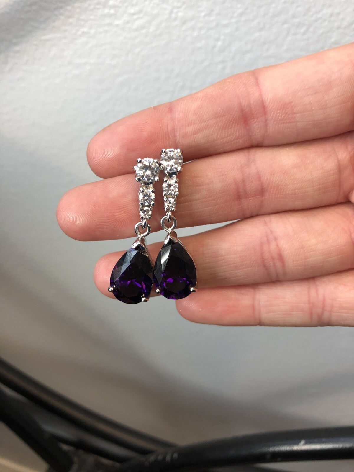 Designer Sterling Silver 925 Purple White Cubic Zirconia Statement Drop Earrings
