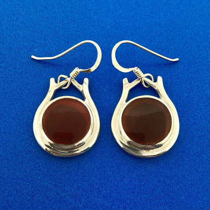 Stunning Sterling Silver 925 Cabochon Amber Circular Dangle Hook Earrings
