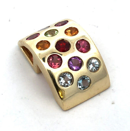 Designer 14K Yellow Gold Round Multi-Gemstone Rectangle Modernist Pendant