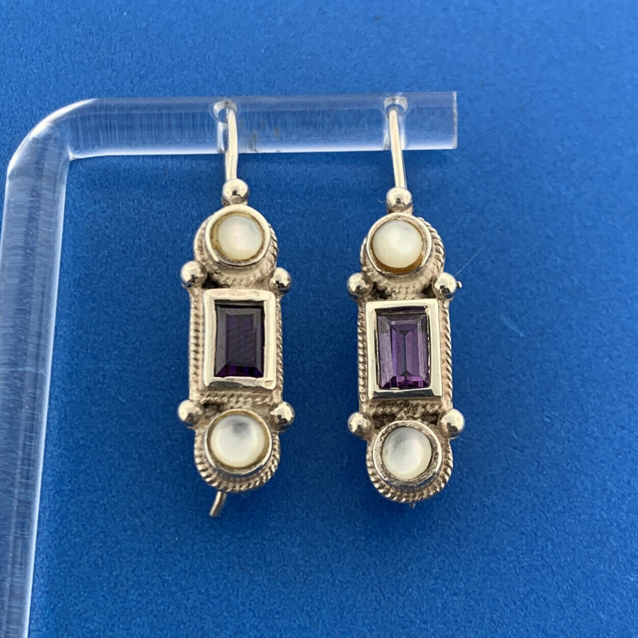 Designer Sterling Silver Amethyst Mother Of Pearl February Slide Hook Earrings