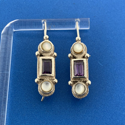 Designer Sterling Silver Amethyst Mother Of Pearl February Slide Hook Earrings