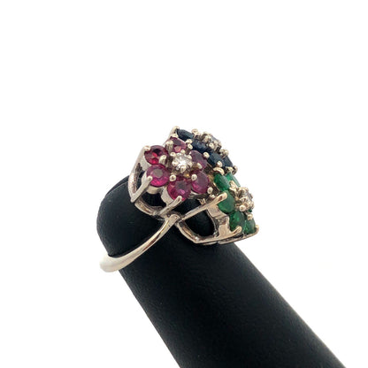 KOL 14K White Gold Round Ruby Sapphire Emerald Topaz Floral Cluster Pinky Ring
