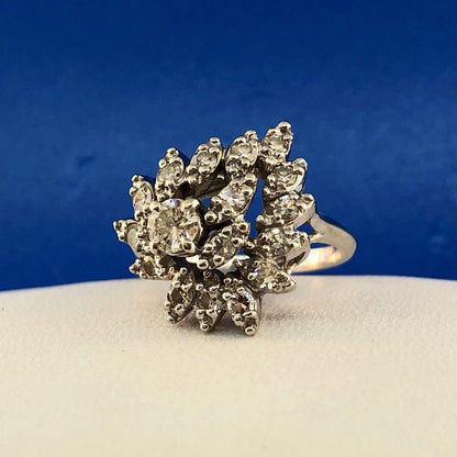 Art Deco 14K White Gold Diamond Free Form Heart Cluster Engagement Cocktail Ring