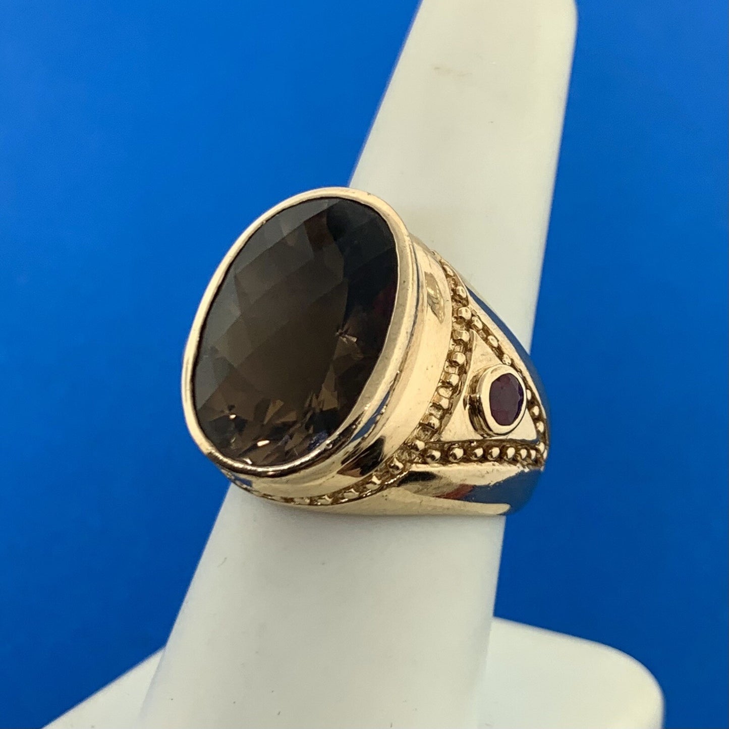 14K Yellow Gold Oval Cushion Cut Smoky Quartz Ruby Accented Statement Ring