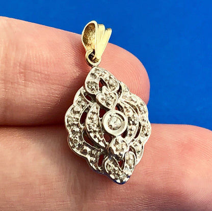 Vintage Art Deco Style 10k Yellow White Gold Diamond Pendant
