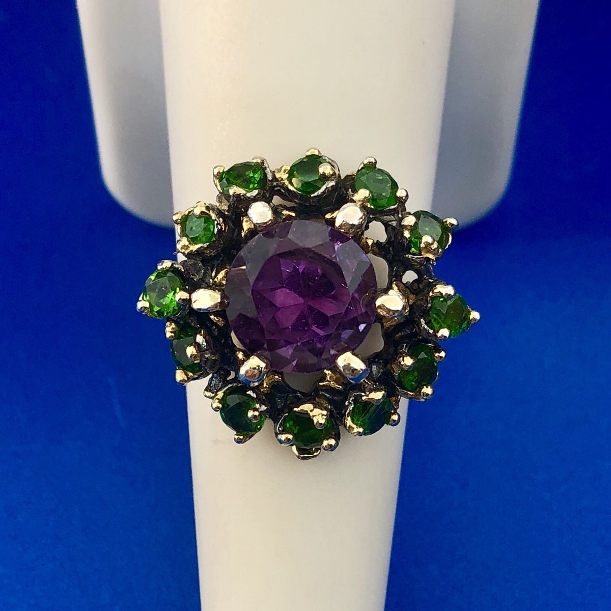 Fabulous 925 Sterling Silver Amethyst Solitaire Green Garnet Halo Cluster Ring