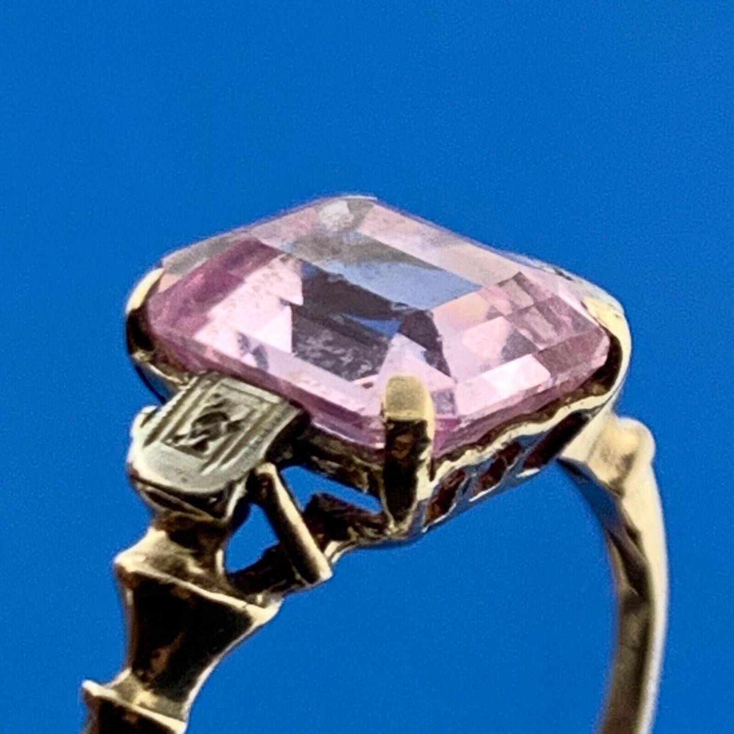 Art Deco 10K Yellow White Gold Pink Solitaire Center Diamond Accent Ring