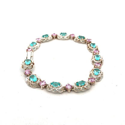 Designer HAN 925 Sterling Silver Oval Blue CZ Round Pink CZ Tennis Bracelet