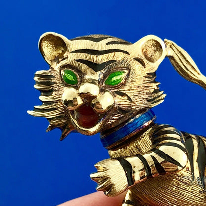 Vintage Martine 14k Yellow Gold Enamel Tiger Cat Brooch Pin Pendant