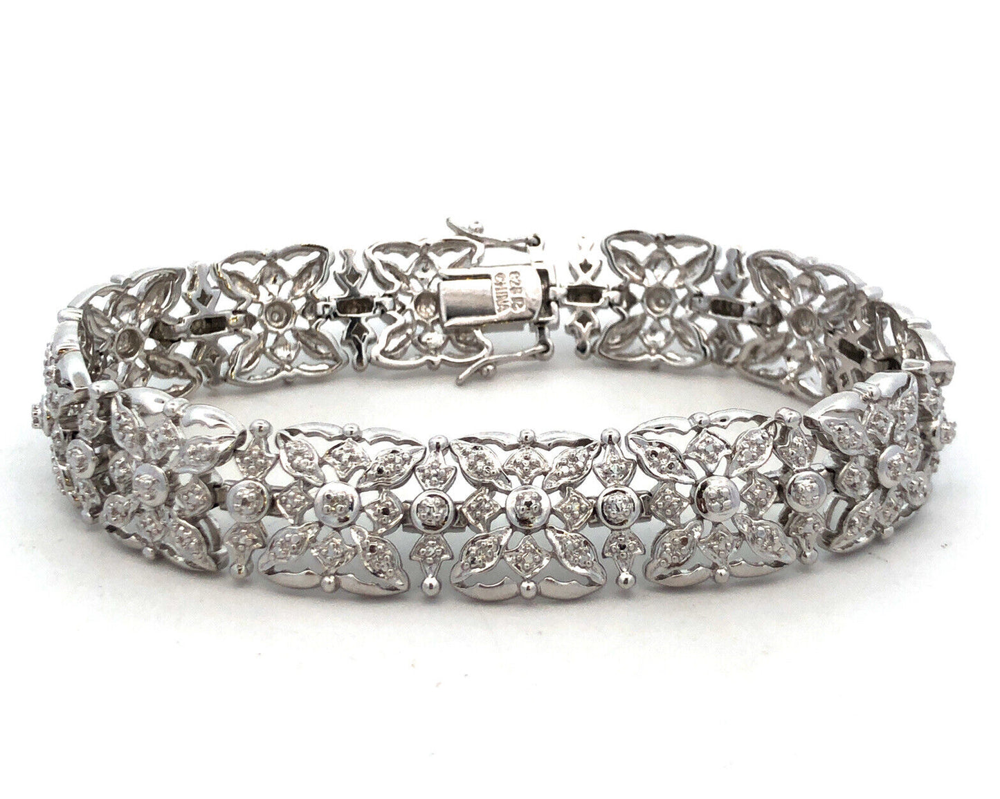 Designer R 925 Sterling Silver Diamond Open Work Textured Statement Bracelet